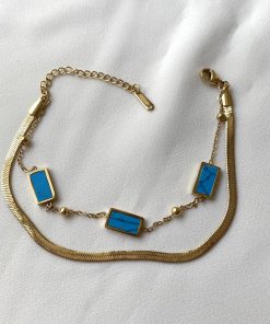 Turkuaz Taşlı Gold Renk Çelik Bileklik
