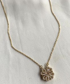 Zirkon Taşlı Mıknatıslı Çelik Yonca Gold Renk Kolye