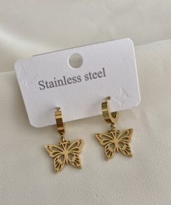 Kelebek Sallantılı Gold Renk Çelik Küpe