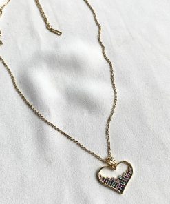 Renkli Taşlı Kalp Gold Renk Çelik Kolye