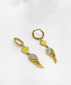 Melek Kanadı Sallantılı Zirkon Taşlı Çelik Küpe