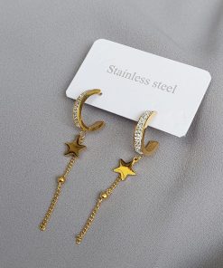 Zirkon Taşlı Sallantılı Yıldız Çelik Küpe