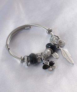 Kelebek ve Yaprak Desenli Pandora Çelik Bileklik