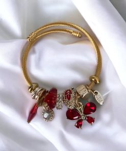 Kırmızı Kelebekli Çelik Gold Renk Pandora Bileklik